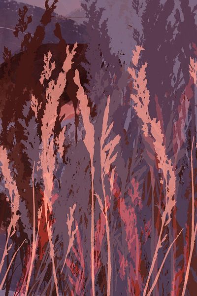 Grass in pink, violet, rusty brown. Modern botanical art. by Dina Dankers