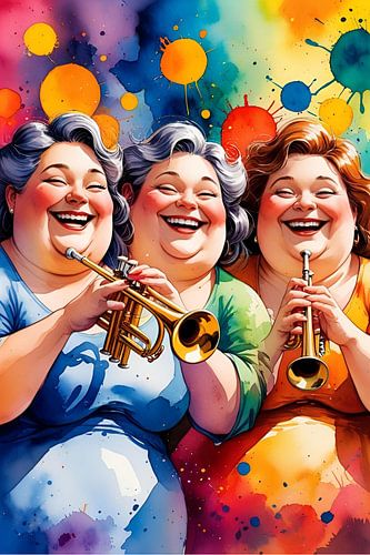 3 gezellige dames spelen op de trompet