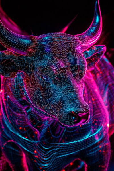Digitaler Stier in Neonfarben – Futuristisch von Poster Art Shop