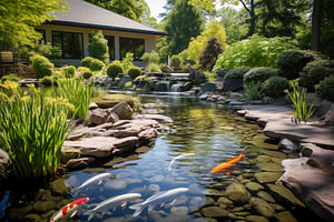 Teich mit Fischen im japanischen Frühlingsgarten