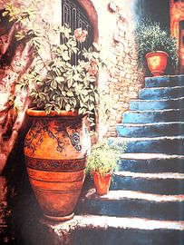 old staircase three terracotta pots flowers stone walls