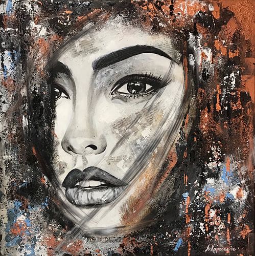 Abstract portret van een vrouw.  Gemengd fantasie schilderij in voornamelijk bruine en brons tinten.