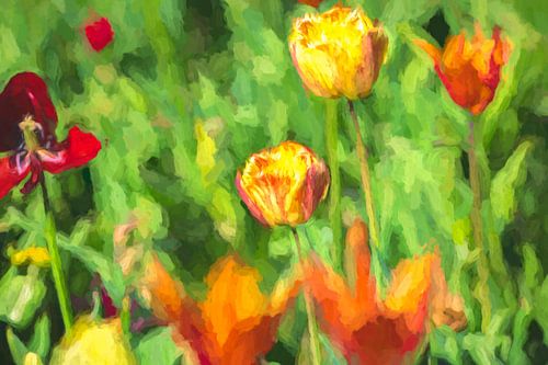 Een schilderij met tulpen in het voorjaar