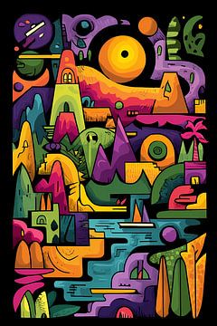 Abstract landscape in lime and purple