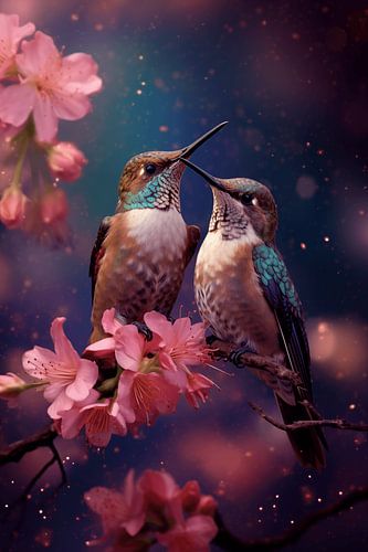 Kolibries met roze bloemen