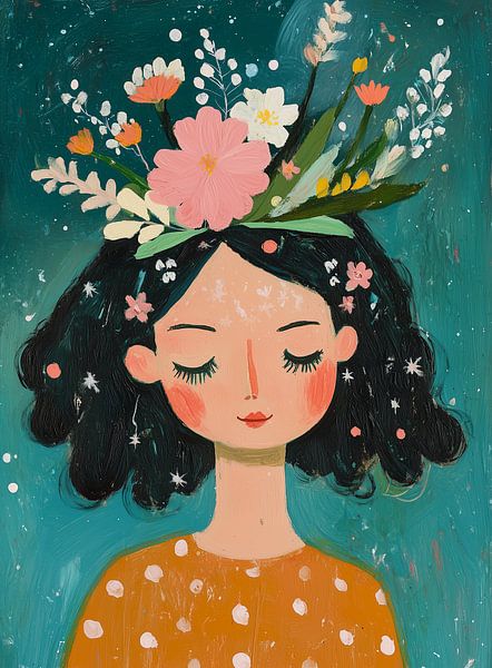 Vrouw met bloemenkroon van Liv ter Riet