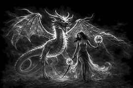 Dragon and Warrior, black and white by Linda de Klein