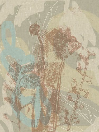 Art botanique en terre claire, blanc, bleu, gris. Monotypes de fleurs des prés.