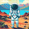 Astronaute sur une planète désertique orange sur Bovi Okta