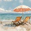 Zwei Strandkörbe unter Sonnenschirm - Aquarell in sanften Tönen von Peter Pen Zeichnungen und Gemälde