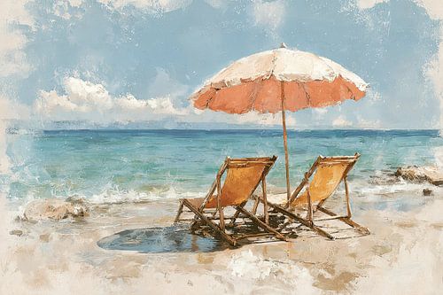Twee strandstoelen onder parasol – aquarel schilderij in zachte tinten