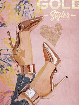 Golden Shoes | Een pastelkleurige afbeelding van sexy gouden hakken met een tipje graffiti van Wil Vervenne
