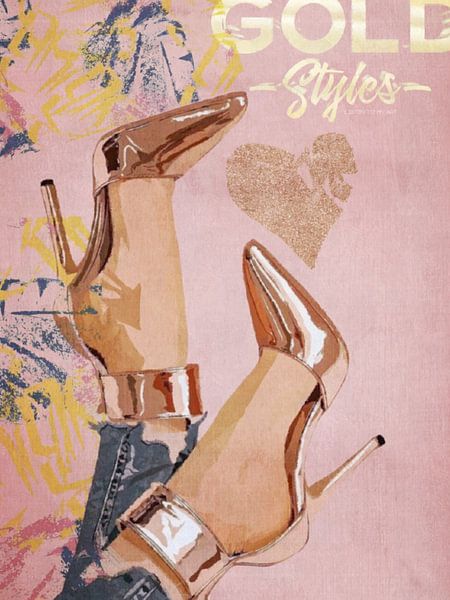 Golden Shoes | A pastel-coloured image of sexy golden heels with a touch of graffiti. by Wil Vervenne