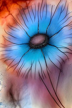 Blauw XII -  bloem transparant blauw met rode gloed van Lily van Riemsdijk - Art Prints met Kleur