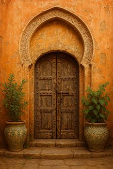 Oude Poort van Marrakech – Tijdloze Sfeer in Terracotta en Hout