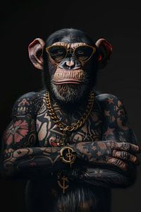 Gangster-Affe mit Tattoos und Goldschmuck