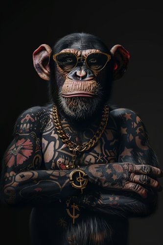 Gangster-Affe mit Tattoos und Goldschmuck