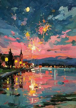 Feuerwerk über der Stadt bei Vollmond von Niklas Maximilian