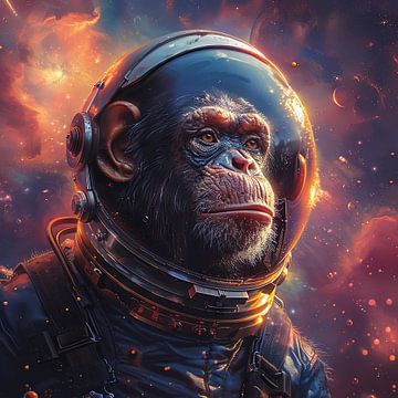 Hyper-Realistischer Affe im Weltraumhelm vor Sternenhimmel von Felix Brönnimann