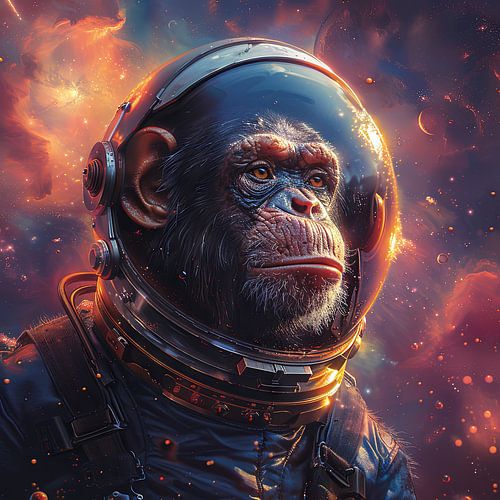 Singe hyperréaliste en casque spatial sur fond de ciel étoilé