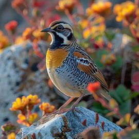 Ein Vogel sitzt auf einem Felsen mit Blumen von Rizwana Khan