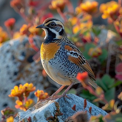 Bird perched on a rock with flowers