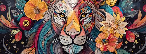Œuvre d'art panoramique colorée tête de lion