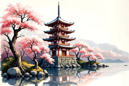 Prachtige japanse pagode omringd door kersenbloesems reflecti