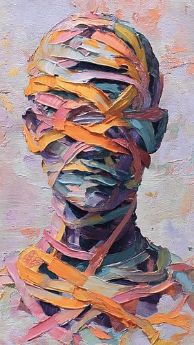 Résumé : Peinture expressionniste représentant un ruban et des figures humaines entrelacées