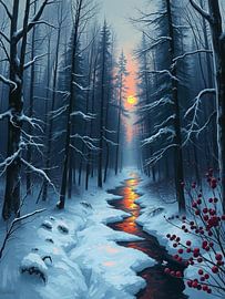 Karminroter Sonnenuntergang über einem ruhigen Winterwunderland von Artistic