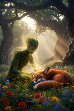 Bosgeest die zachtjes een slapende vos in een betoverd bos streelt van Clay Artista