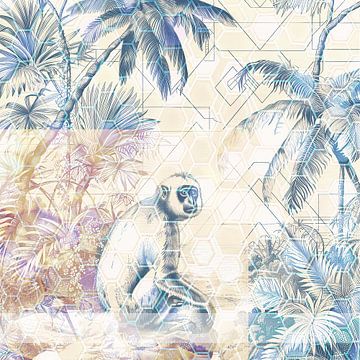 Tropical landscape with monkey and palm trees