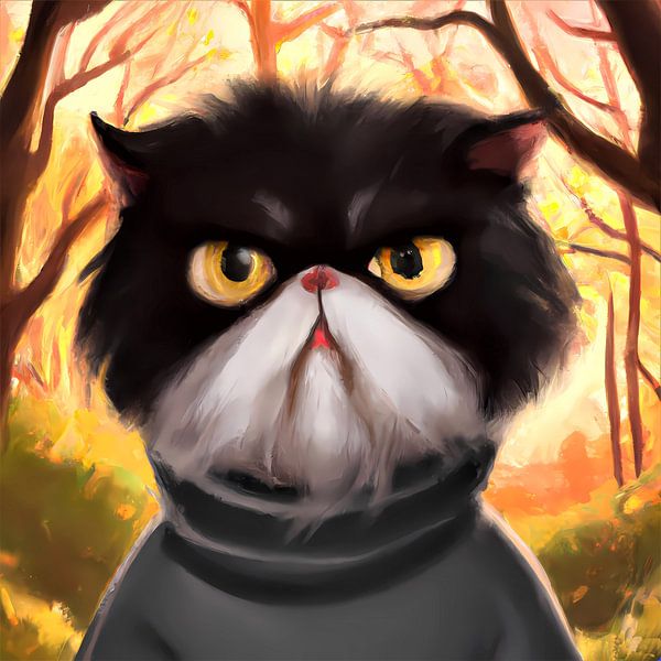 Grumpy looking Persian cat with sweater in autumn by Maud De Vries