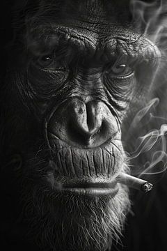 Expressive black and white portrait of a smoking monkey by Felix Brönnimann