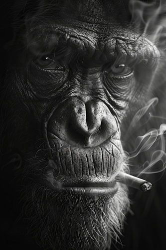 Expressive black and white portrait of a smoking monkey