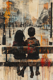 Des jeunes sur un banc - Street art apaisant : bleu et orange sur BowiScapes - Beaux-Arts et Art Urbain