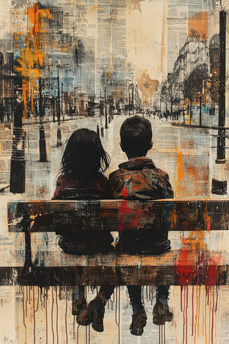 Young People on a Bench – Tranquil Street Art: Blue and Orange