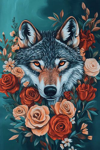 Mystieke wolf met kleurrijke bloemen