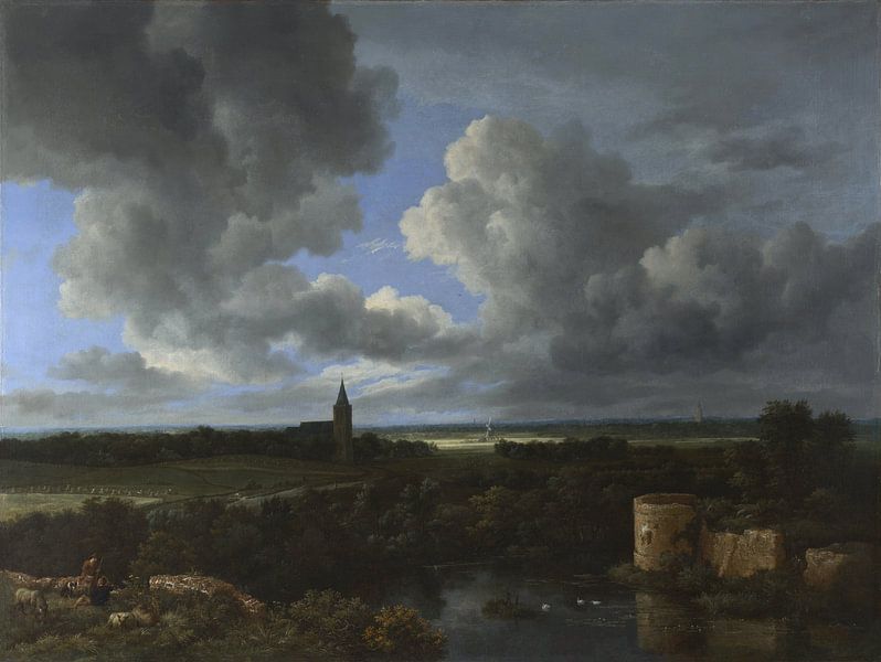 Een landschap met een verwoest kasteel en een kerk, Jacob van Ruisdael van Meesterlijcke Meesters