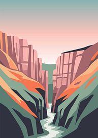 Minimalistische, flache Vektorillustration einer tiefen Schlucht, durch die ein Fluss unter einem rosa Himmel fließt. von Adam Khabibi