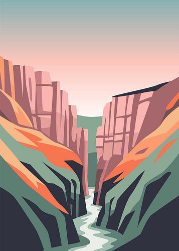 Minimalistische, platte vectorillustratie van een diepe kloof met een rivier die onder een roze hemel stroomt.