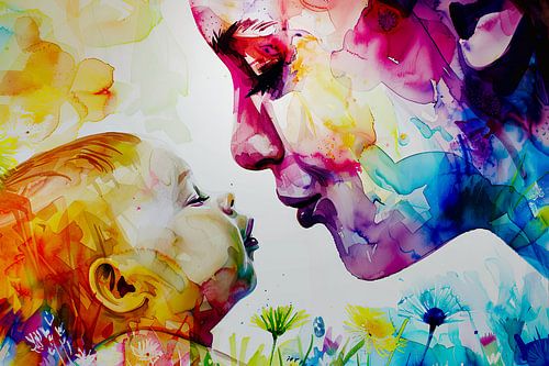 Digitaal abstract schilderachtig portret fictieve vrouw en kind