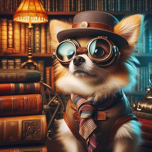 Hond met stropdas in de bibliotheek