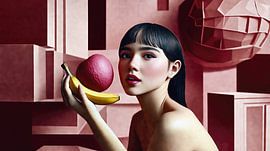 Woman with fruit in abstract studio by Frank Heinz