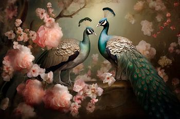 two peacocks among the blossom
