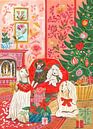 Afghaanse windhonden in gezellige woonkamer met kerst in heldere kleuren van Caroline Bonne Müller thumbnail