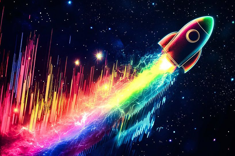 Colourful rocket in cosmos by Art & Soul Creations