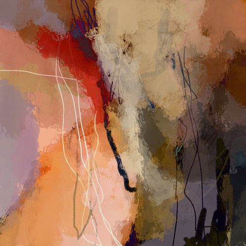 Modern abstract kleurrijk schilderij in pastelkleuren. Aardetinten, lila, verbrand oranje. van Dina Dankers