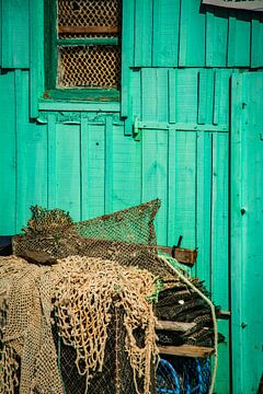 Green fisherman's cottage with fishing nets by Frans Scherpenisse