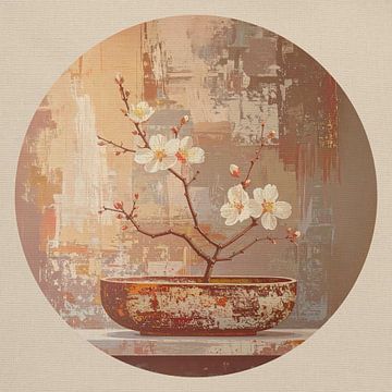 Japandi Art : Branche fleurie sereine dans des tons de terre calmes sur Studio Pieternel